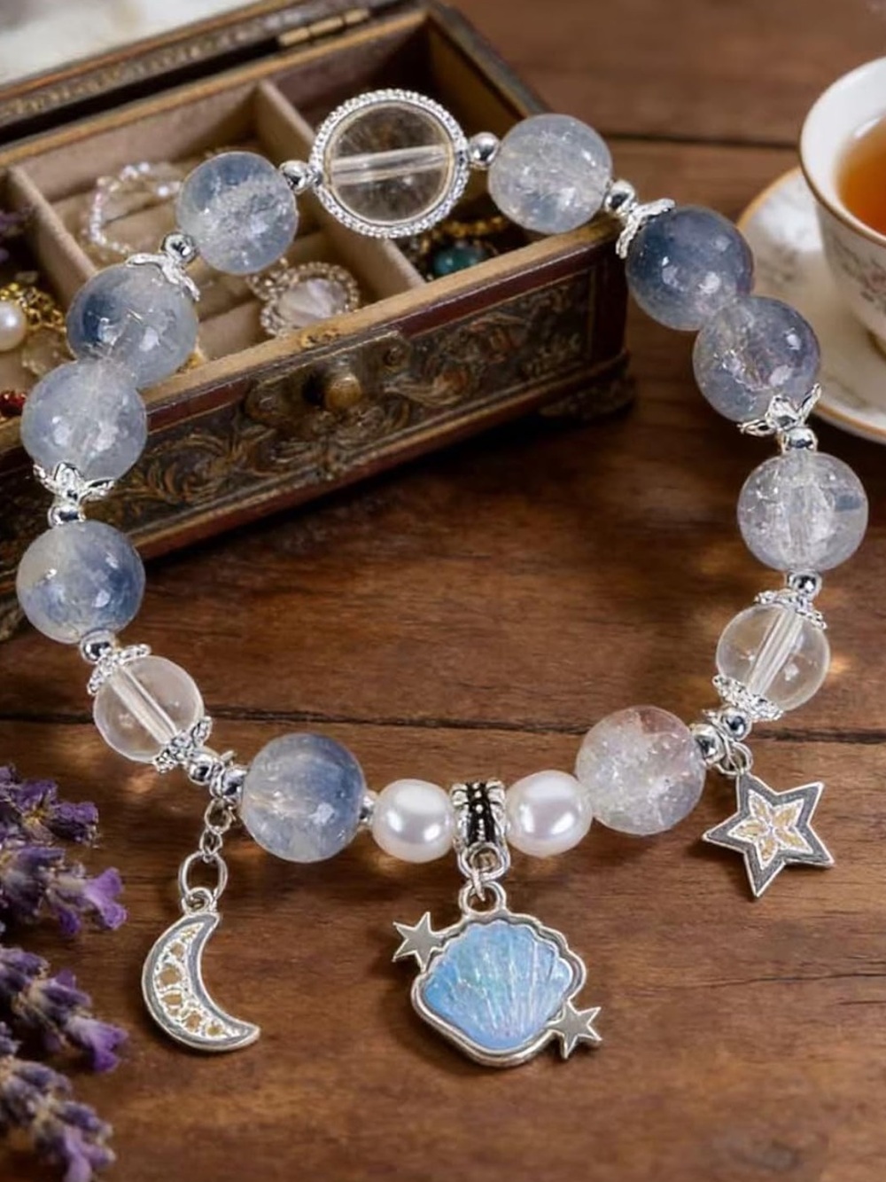 🆕New Shell Glass Crystal Bracelet with Star & Moon Charms-Handmade